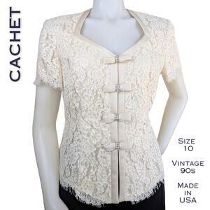 Cachet by Bari Protas Vintage 90s Blazer Style Top 10 Cream Lace Rhinestone Bows